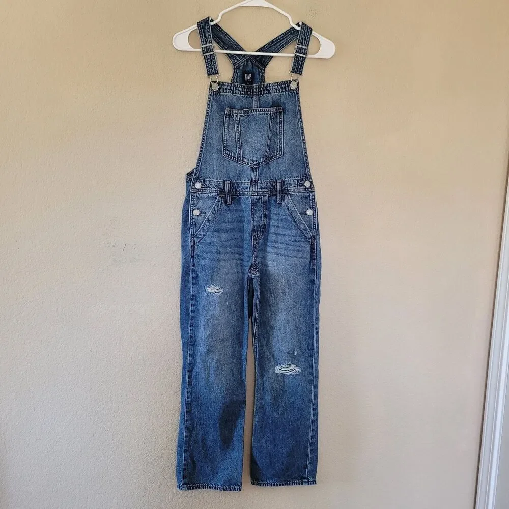 GAP Kids Denim Overalls Xl 12 Loose Medium Wash Distressed Bib Jeans 100% Cotton